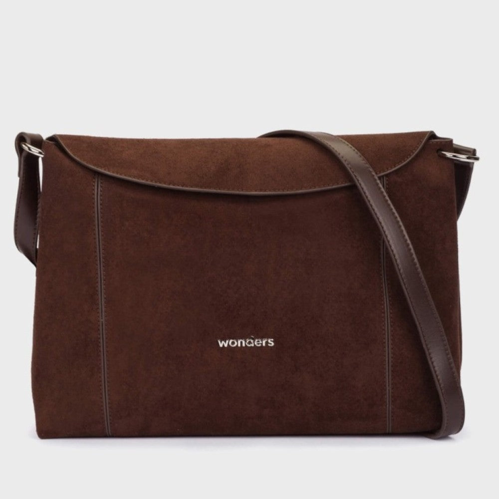 A brown suede effect messenger bag with a flap closure, a matching shoulder strap, and the brand name 'wonders' printed in white on the front, set against a plain light grey background.