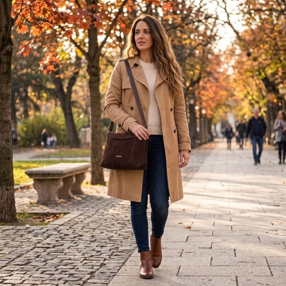A woman walking on a cobblestone path in an autumn park, wearing a beige trench coat, cream knit top, dark blue jeans, and brown ankle boots, while carrying a Wonders dark brown shoulder bag.