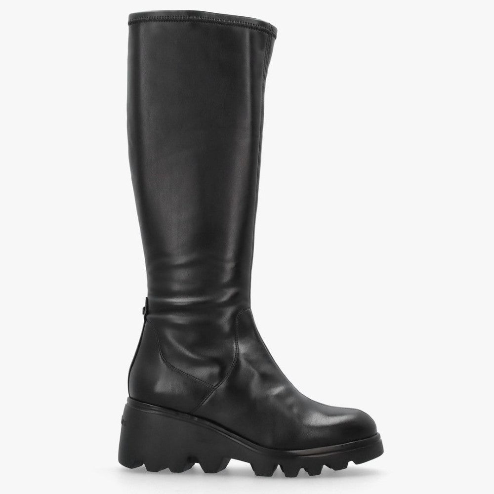 Wonders Black Leather knee-high boot with textured pattern on a white background