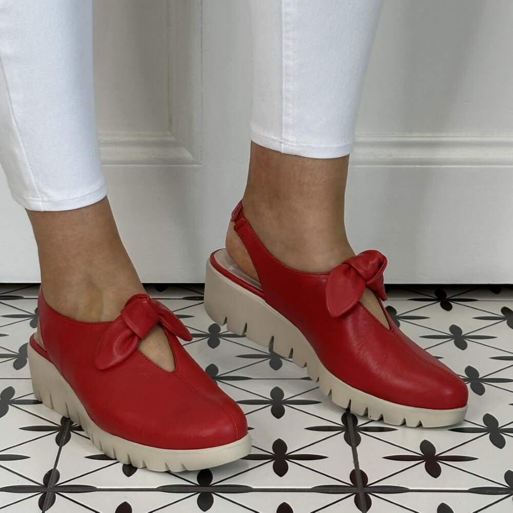 Red Wedge Slingbacks with a red bow 