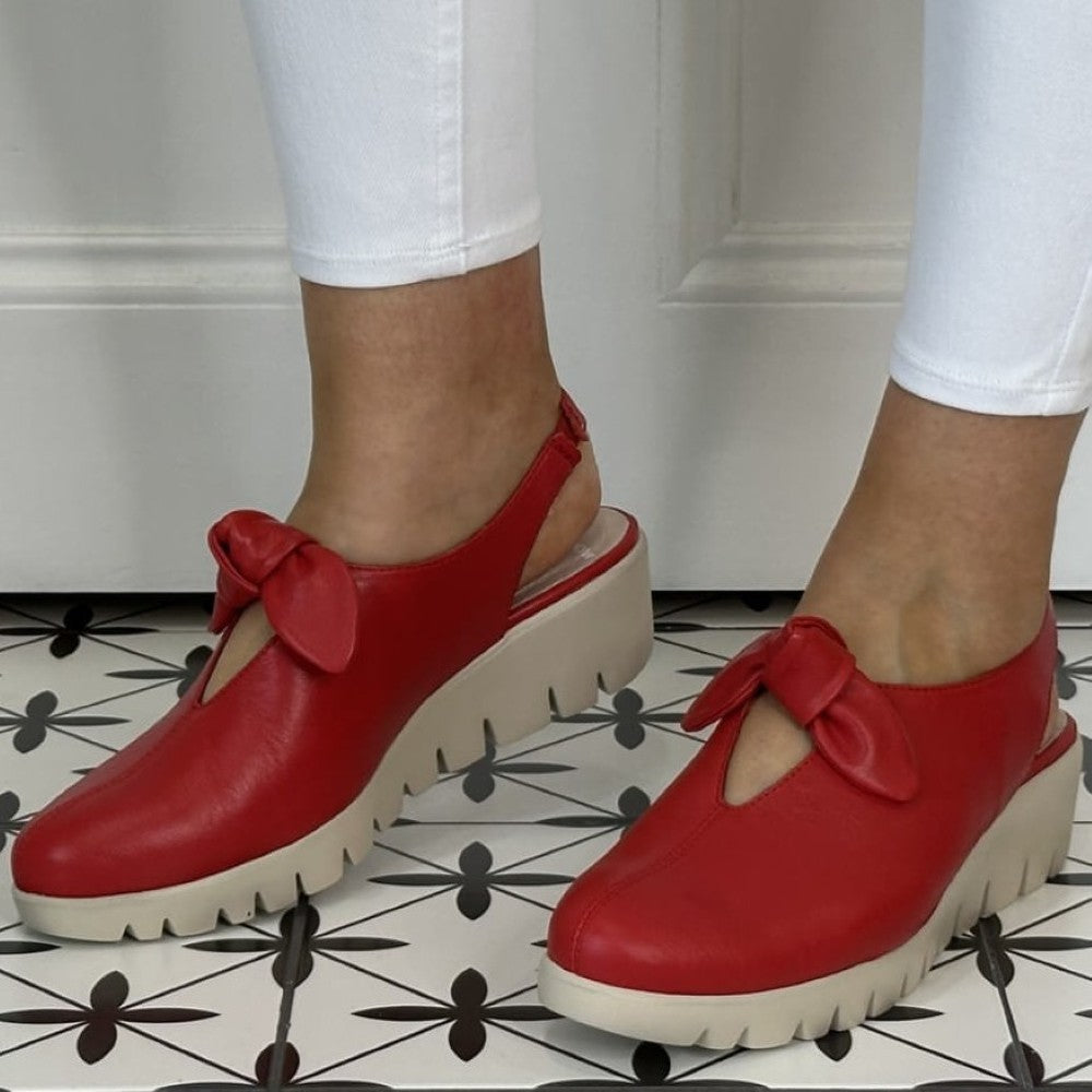 Red Wedge Slingbacks with a red bow 