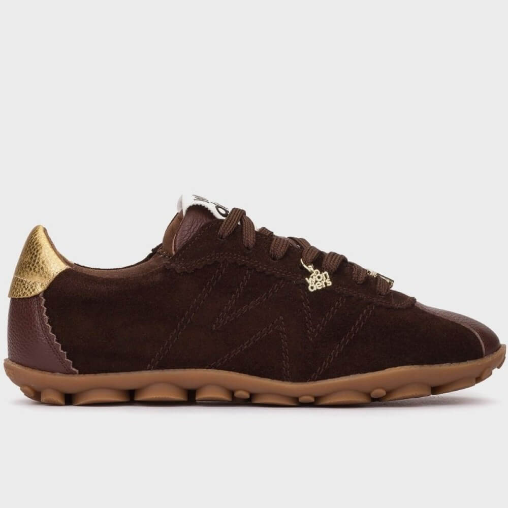 Brown sneaker with gold accents on a white background