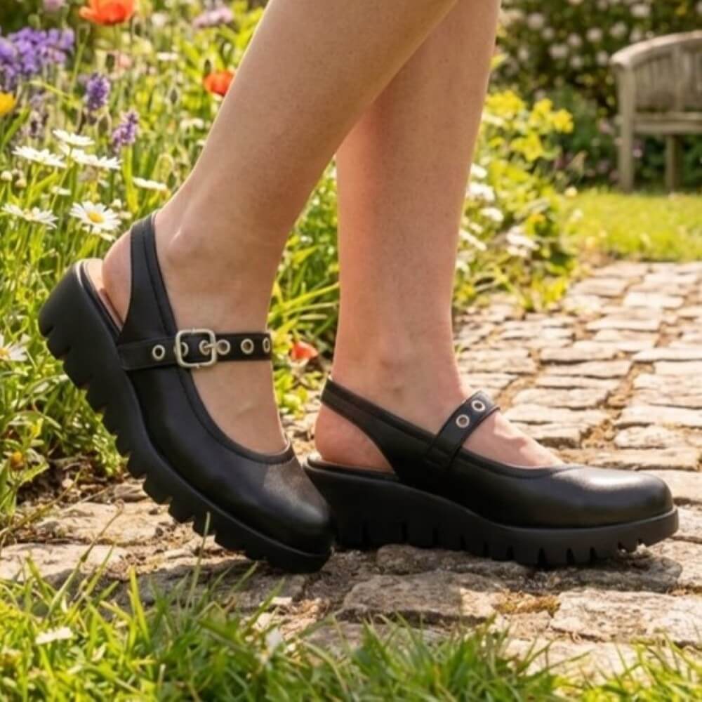 Black Slingbacks wedges worn outdoors on a stone path with grass and flowers in the background