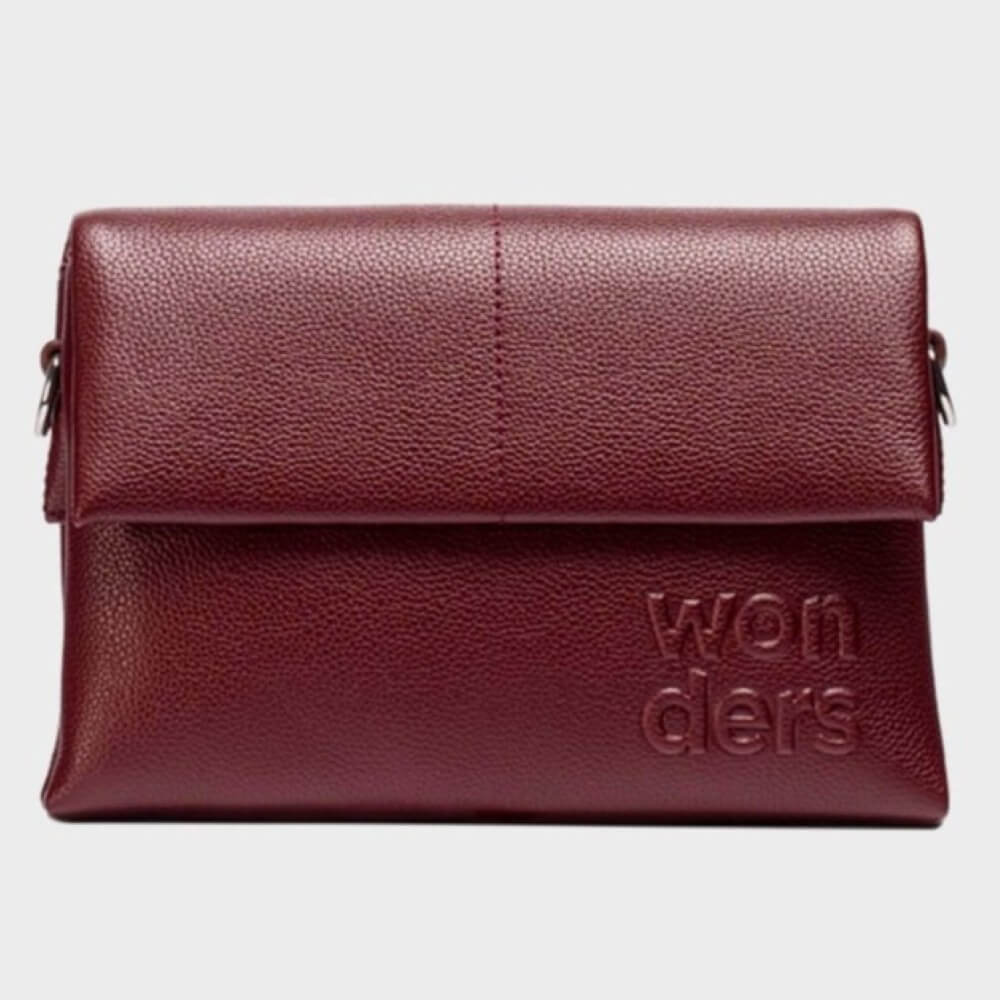 burgundy crossbody with 'wonders' branding on a light grey background