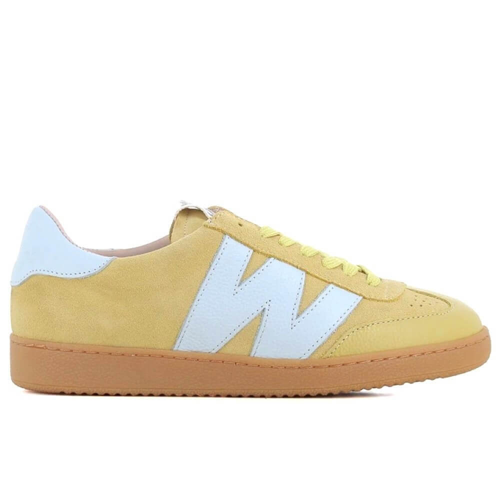Yellow sneaker with a white 'W' logo on a white background