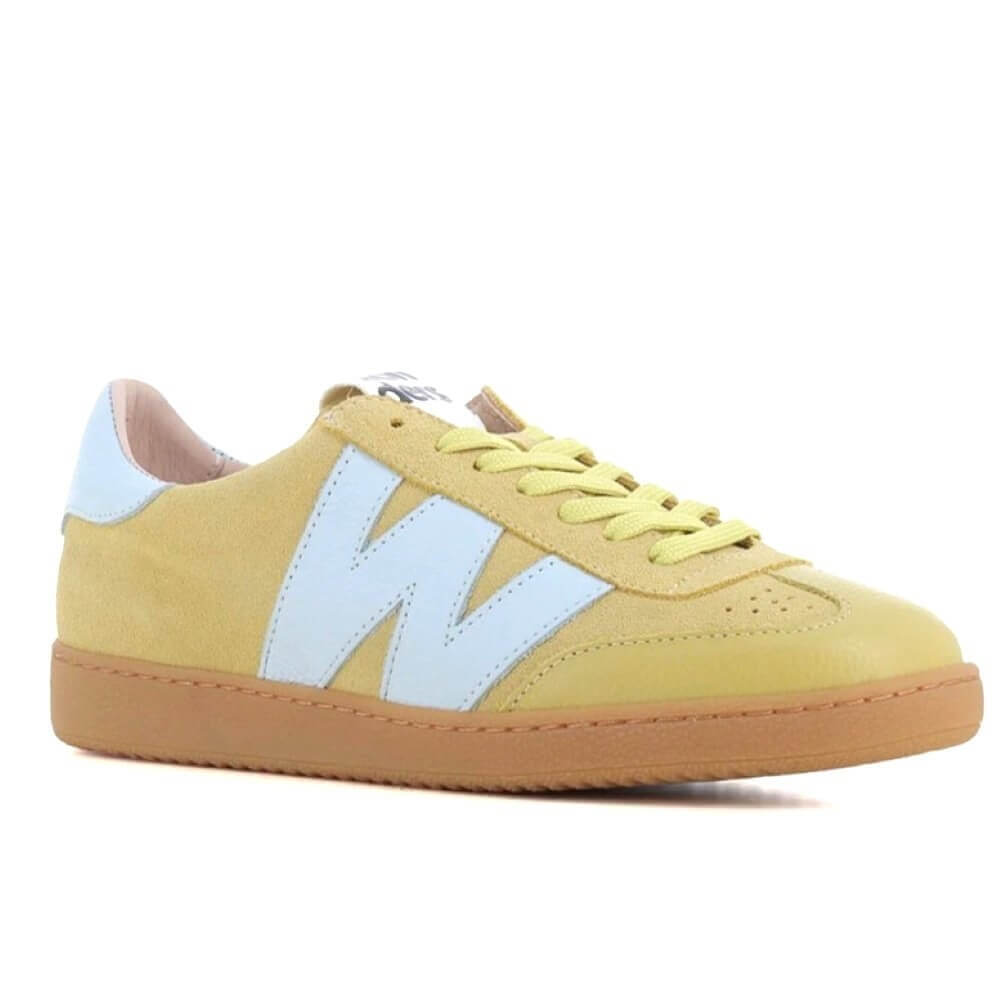 Yellow sneaker with a white 'W' logo on a white background