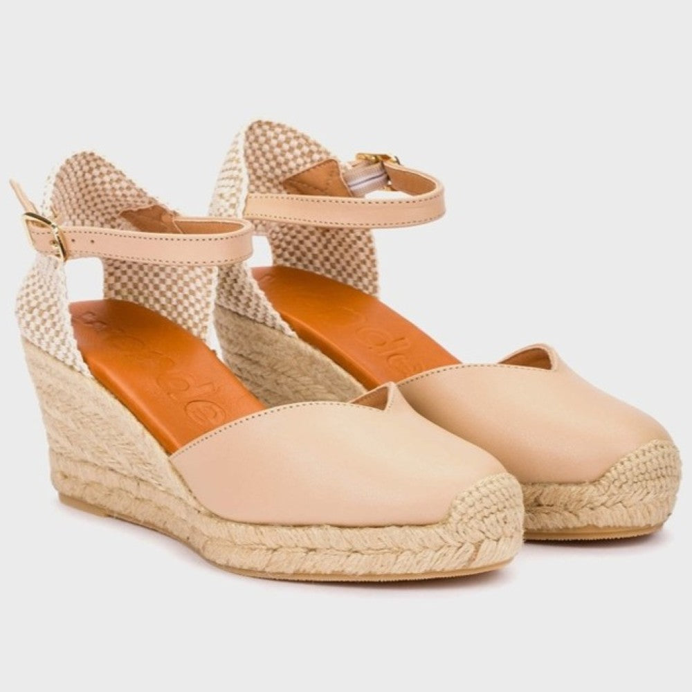 Pair of Wonders Beige wedge sandals with espadrille sole on a light grey background
