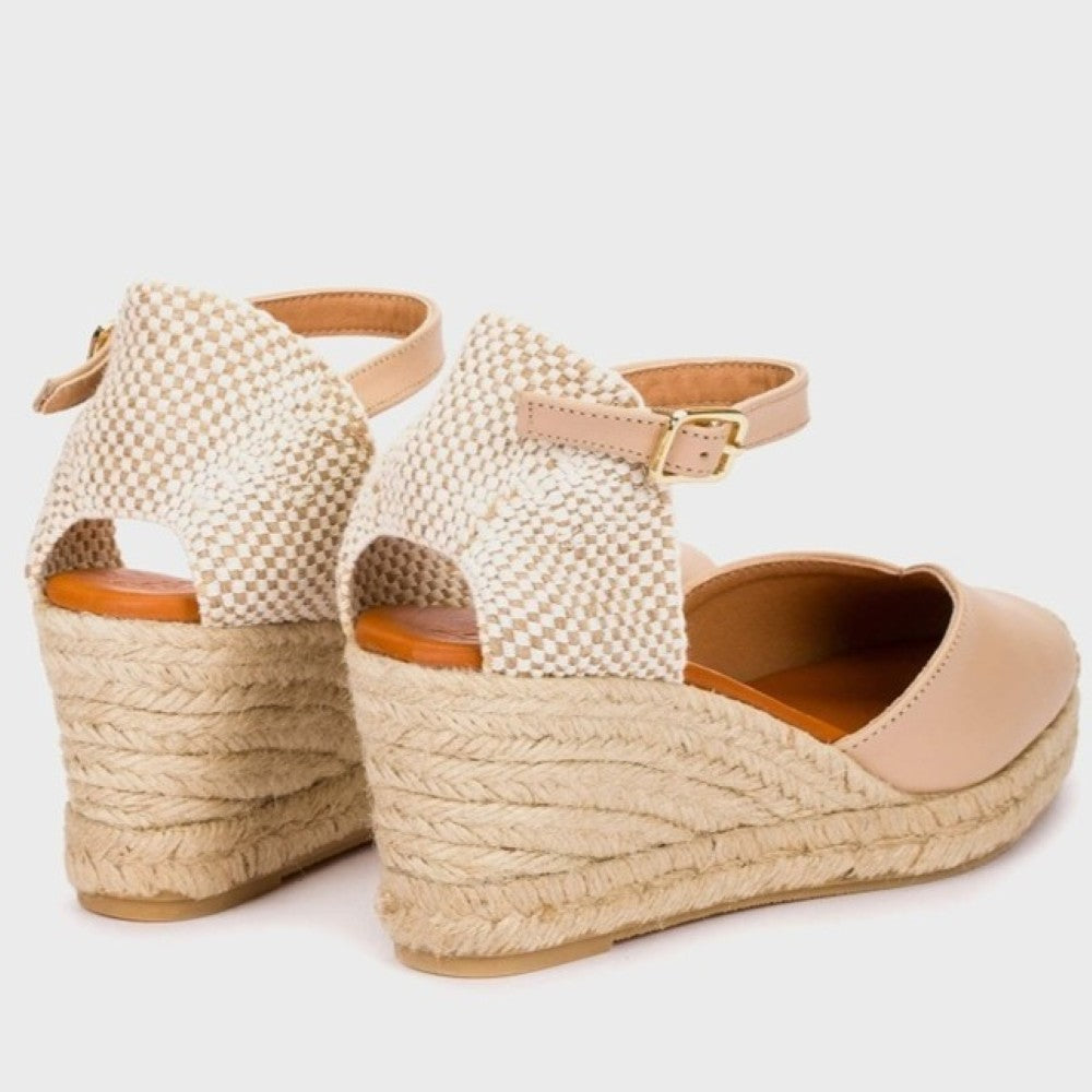 Pair of Wonders Beige wedge sandals with espadrille sole on a light grey background