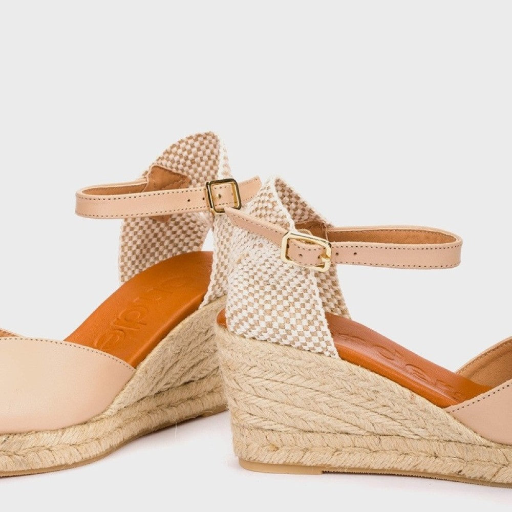 Pair of Wonders Beige wedge sandals with espadrille sole on a light grey background