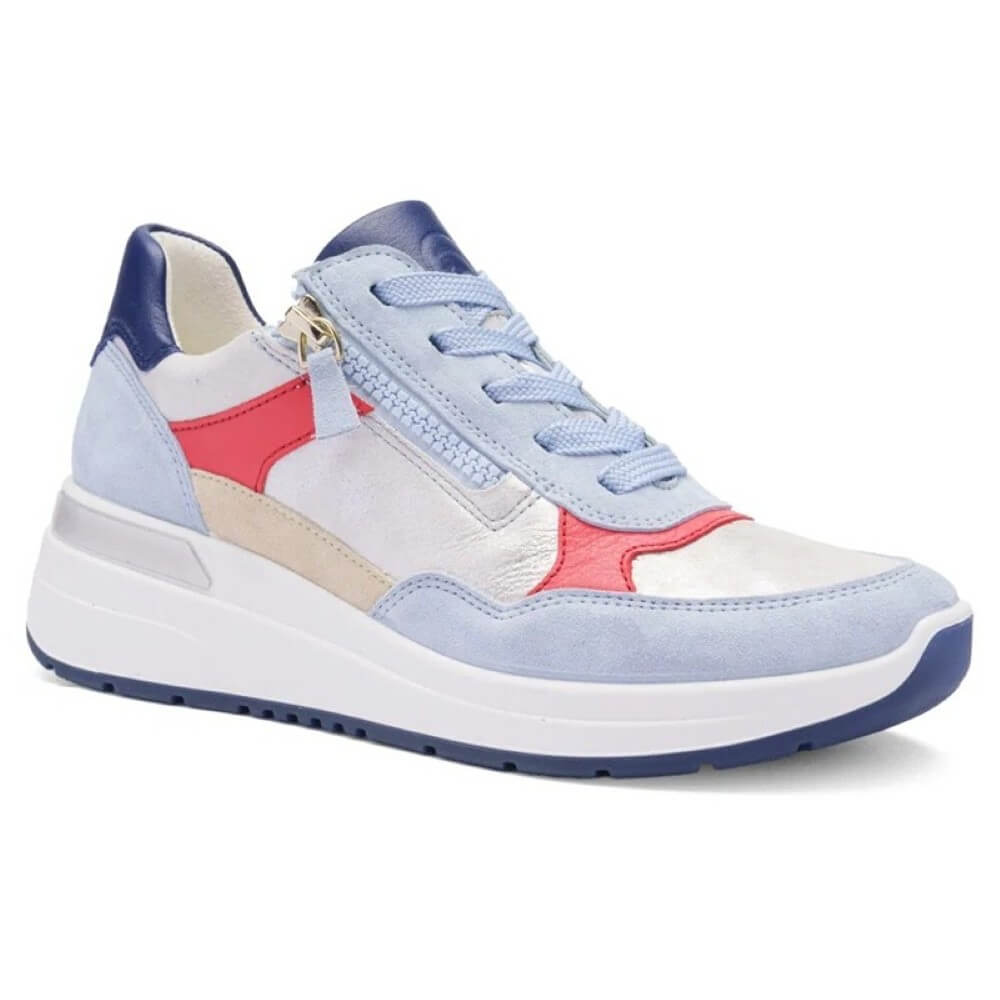 Multicolored sneaker with blue, red, and white on a white background