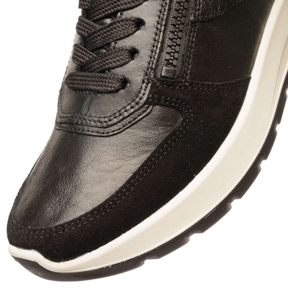Black laced sneaker with a zip and a white sole on a white background Ara New York Trainers 12-25112-BLACK