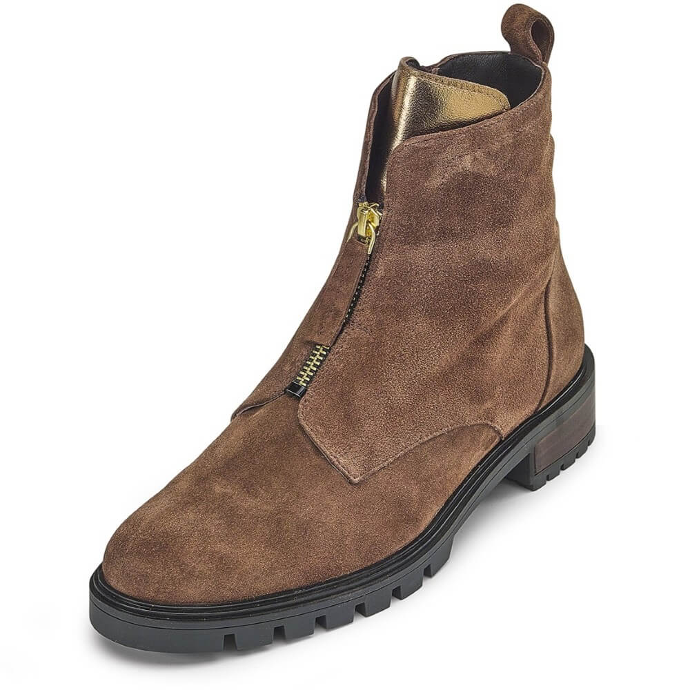Brown suede boot with a gold zipper on a white background Ara Tulsa Suede Leather Ankle Boots 12-29520 Brown