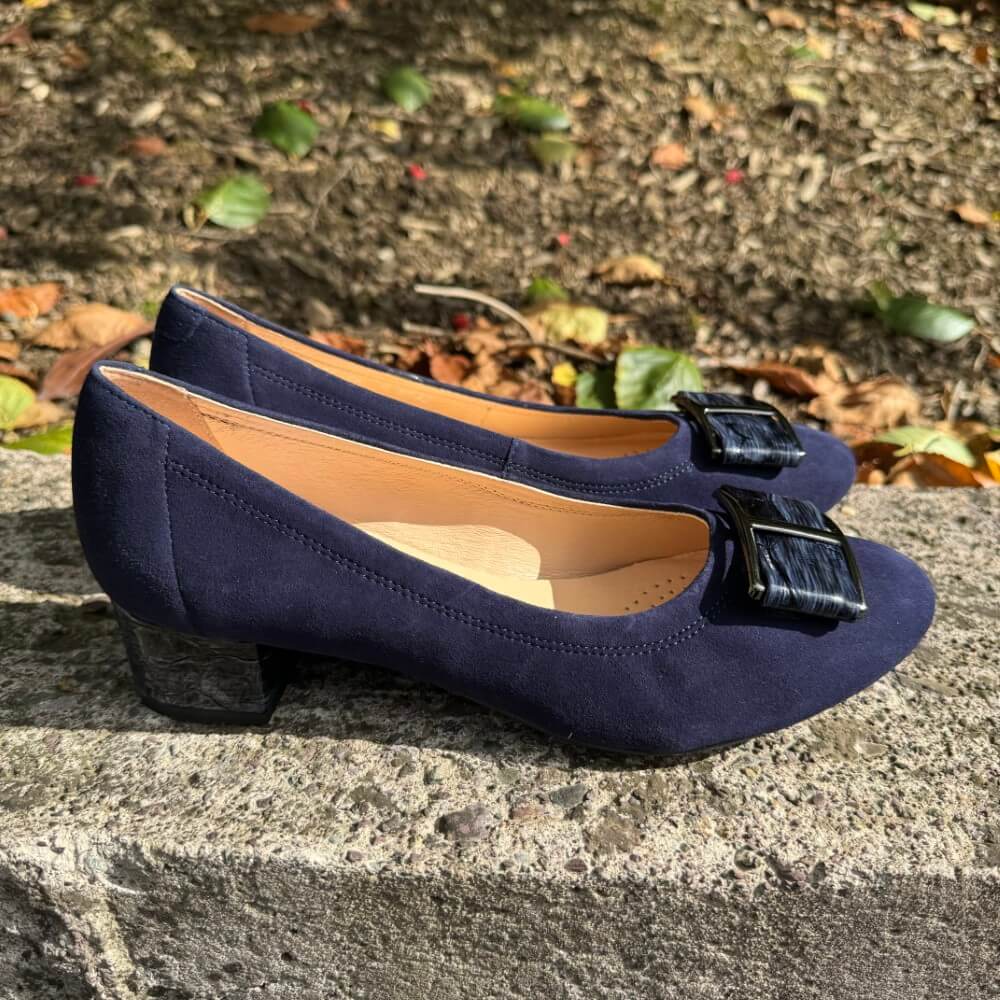 Ankle Strap Navy Blue Dress Pumps Low Heel Navy Faux Suede Block