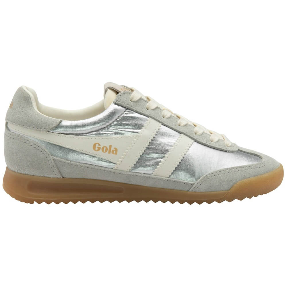 Silver sneaker with 'Gola' branding on a white background
