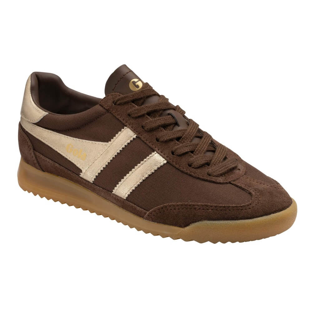 A Gola brown suede and canvas low-top sneaker with beige side stripes, a brown leather tongue, and a gum sole, shown on a plain white background.