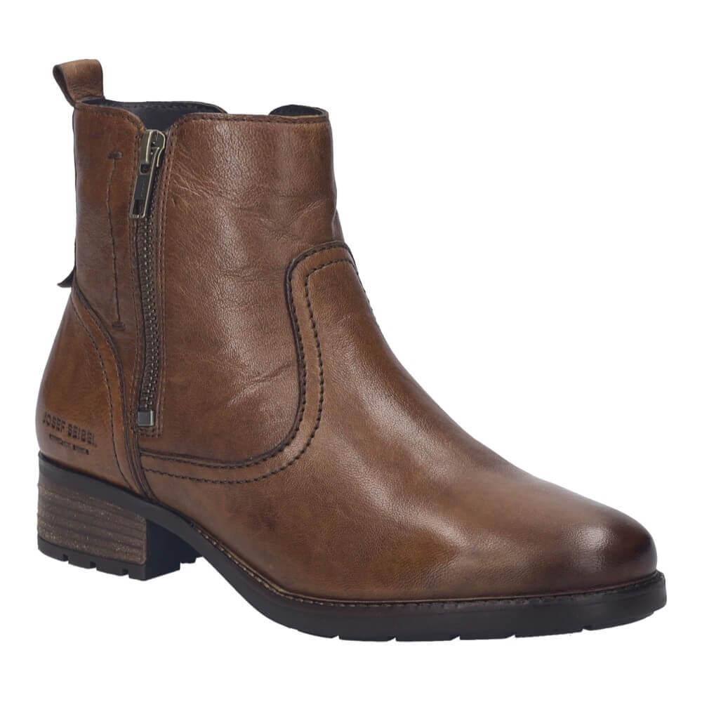Brown leather ankle boot with a zipper on a white background