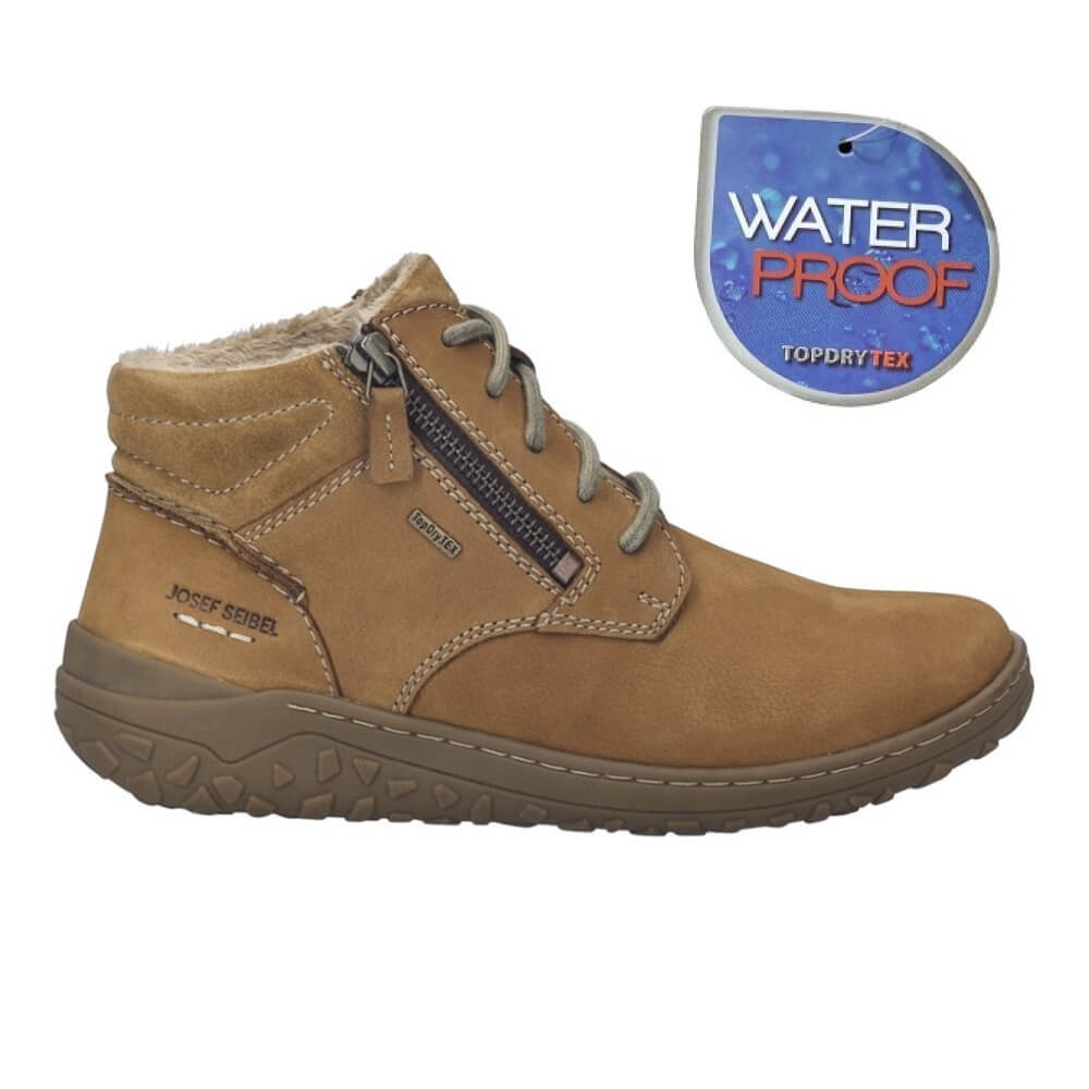 Brown waterproof boot with a visible 'Waterproof' label on a white background