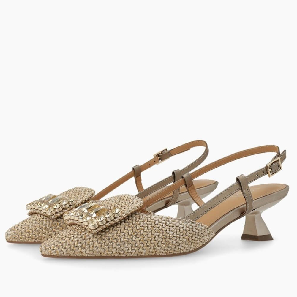 Lodi Beige pointed-toe shoes with embellishments on a white background