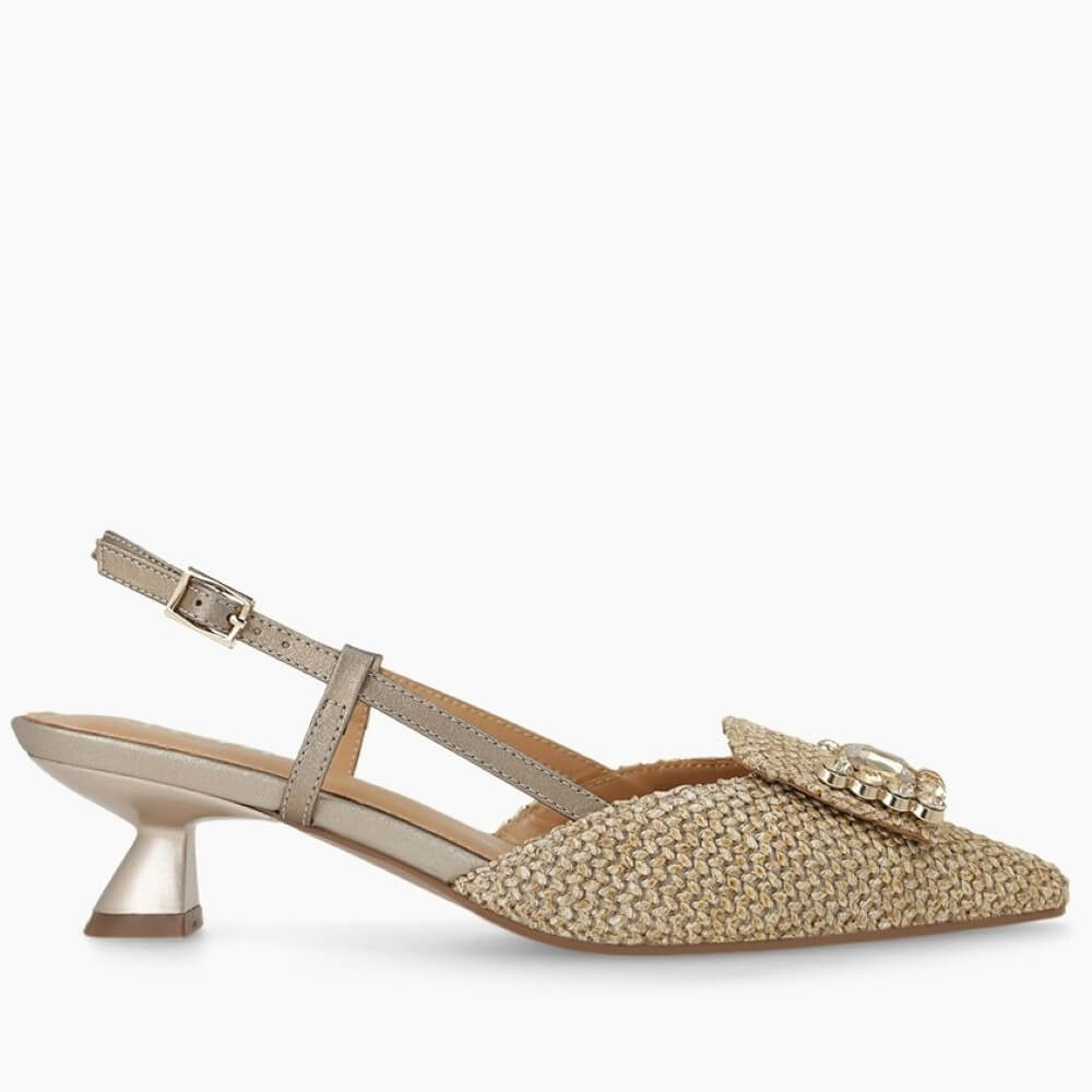 Lodi Gold strappy sandal with a unique heel design on a white background