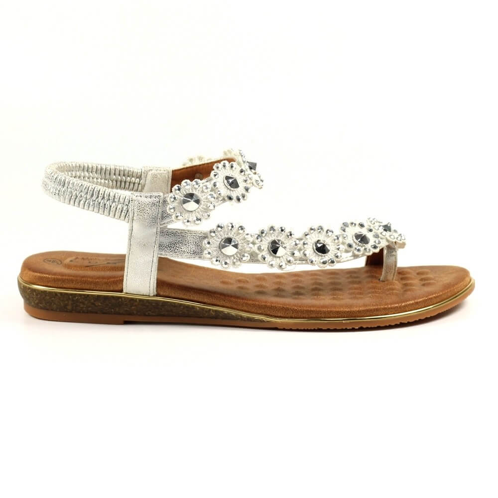 Lunar Charlotte Silver sandal with gemstone embellishments on a white background