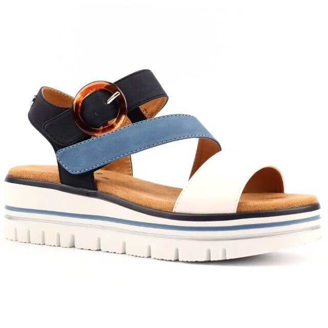 Lunar Multi-coloured sandal with blue, white, and brown straps on a white background