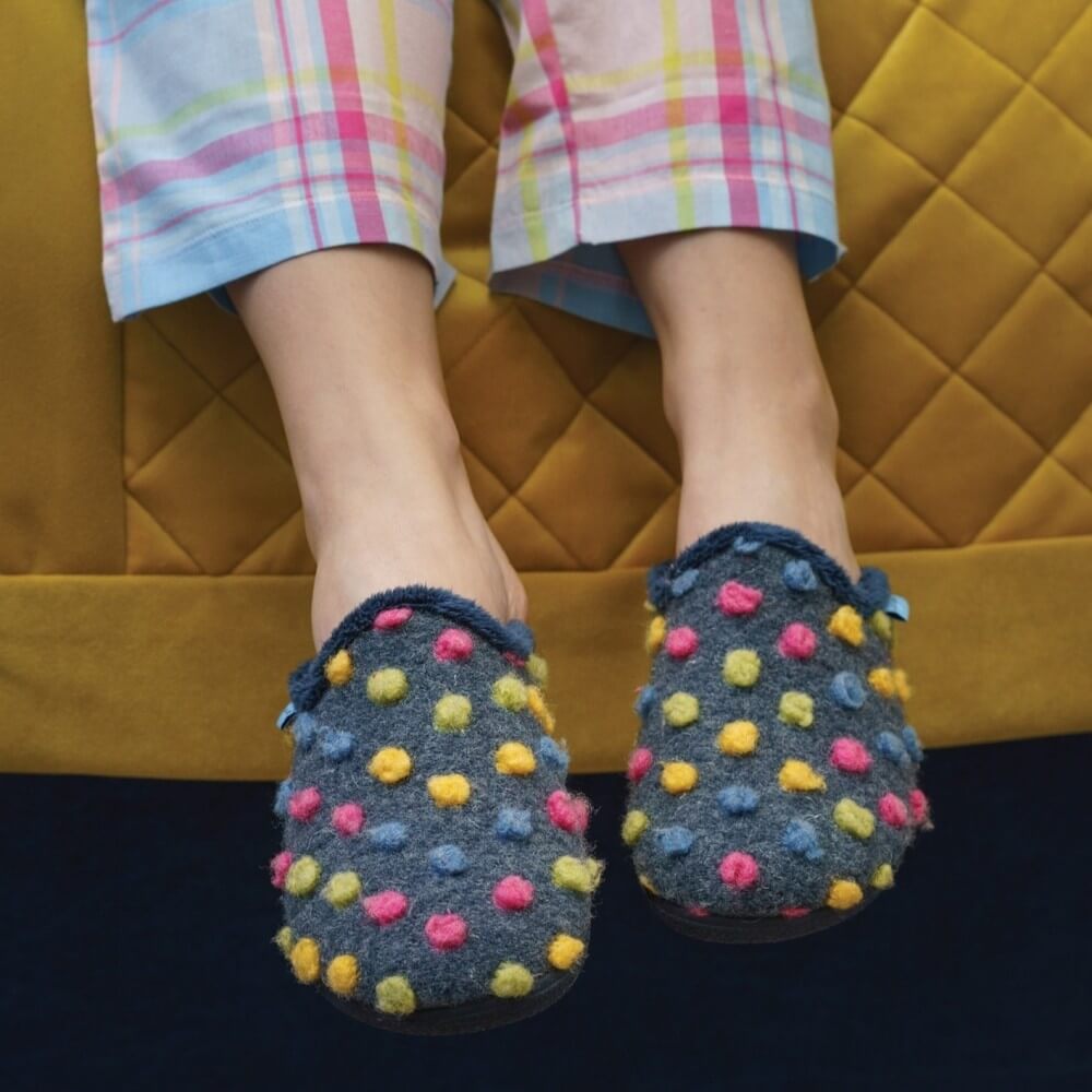 person wearing Blue Mule Slipper with coloured dots