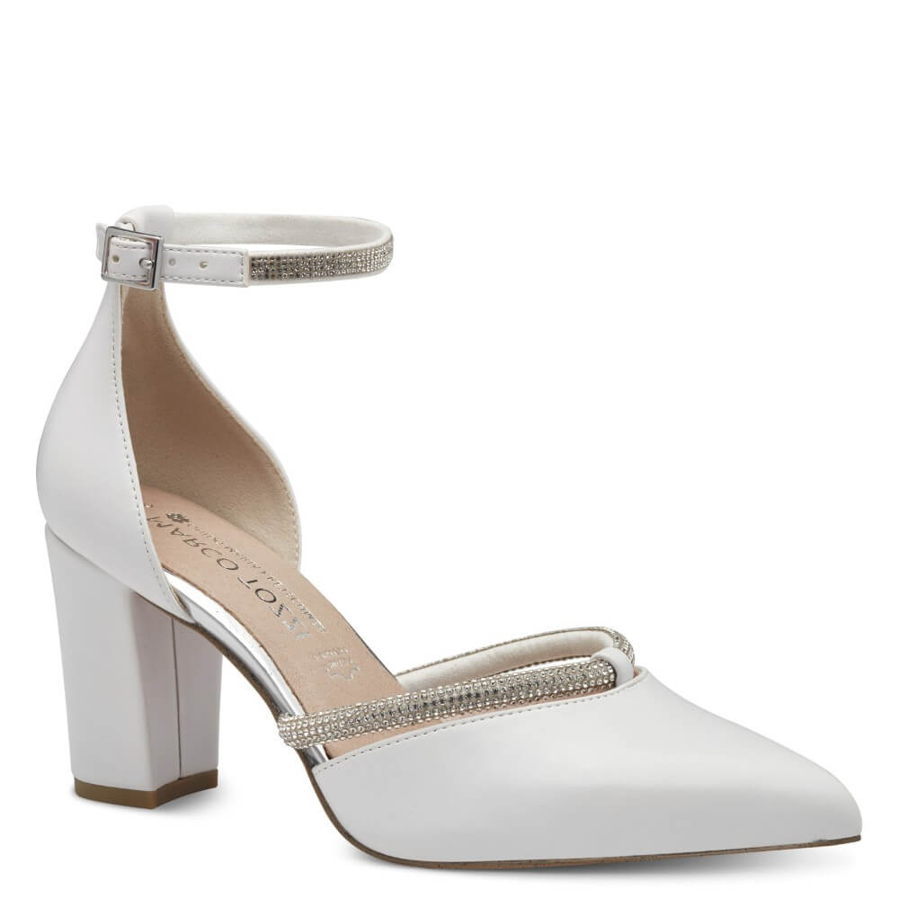 Ankle Strap block heel white sandal with crystal strap