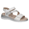 video of a person wearing Caprice White sandals with a silver strap on a white background