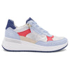 Video of Multi-coloured sneaker with blue, white, and red accents on a white background