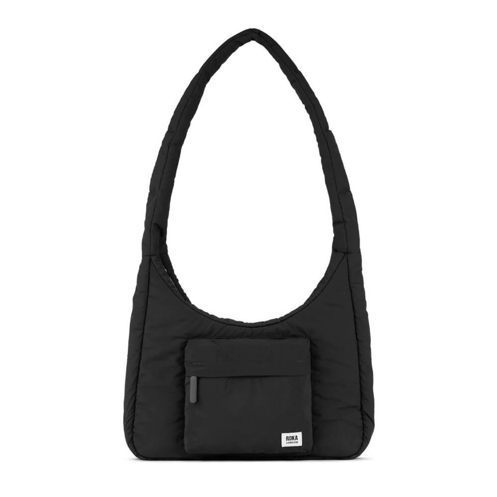Roka Black shoulder bag with a pocket on a white background