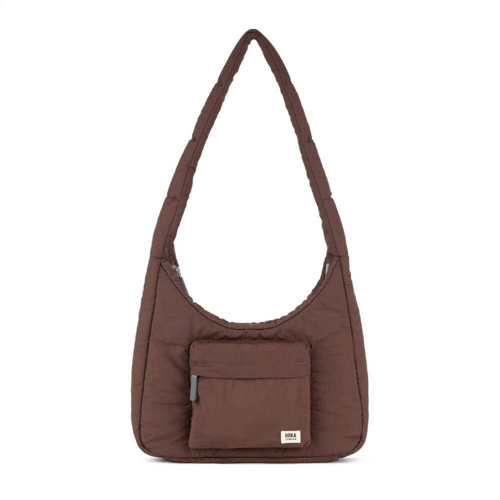 Brown shoulder bag with a pocket on a white background