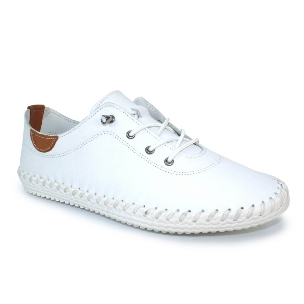 White sneaker with brown accents on a white background